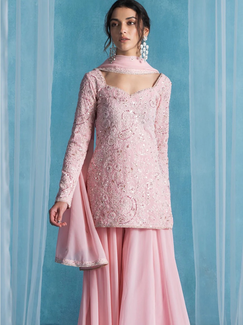 Light Pink Embroidered Lucknowi Sharara Suit — image 2 of 8